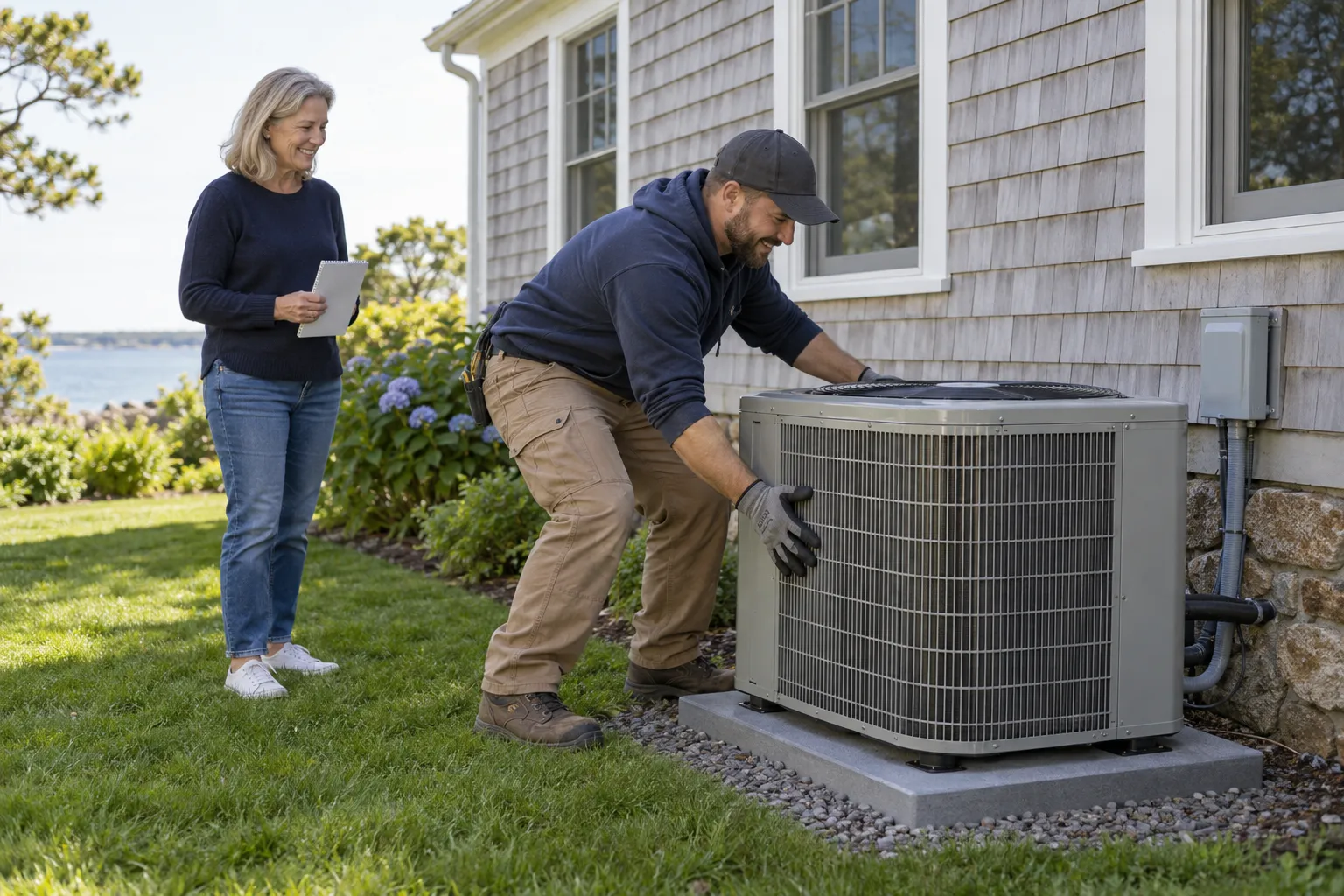 A provider setting a new outdoor air conditioner unit beside a home in Newton