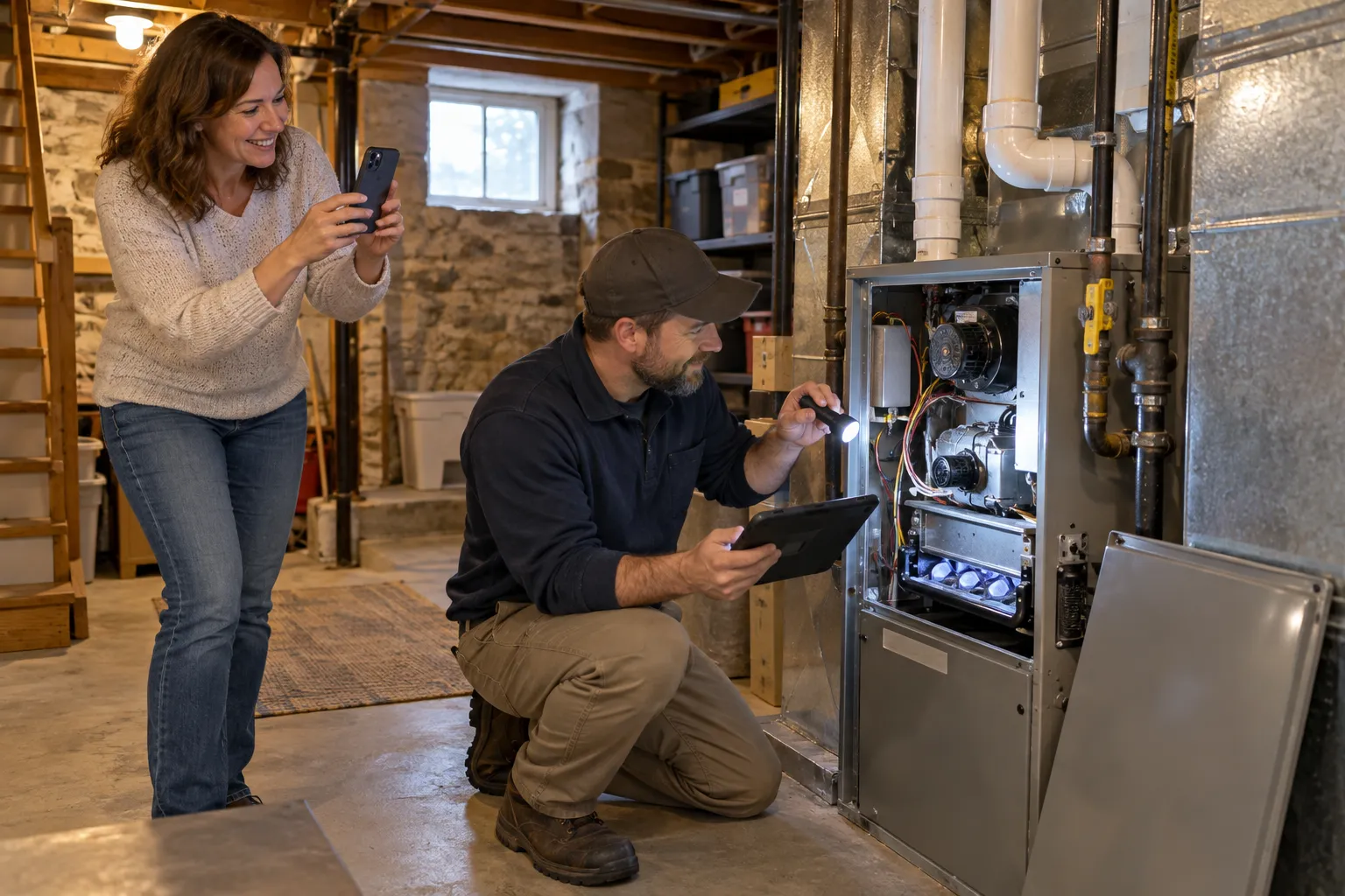 A local HVAC provider inspecting a home furnace in a Newton basement while a homeowner looks on